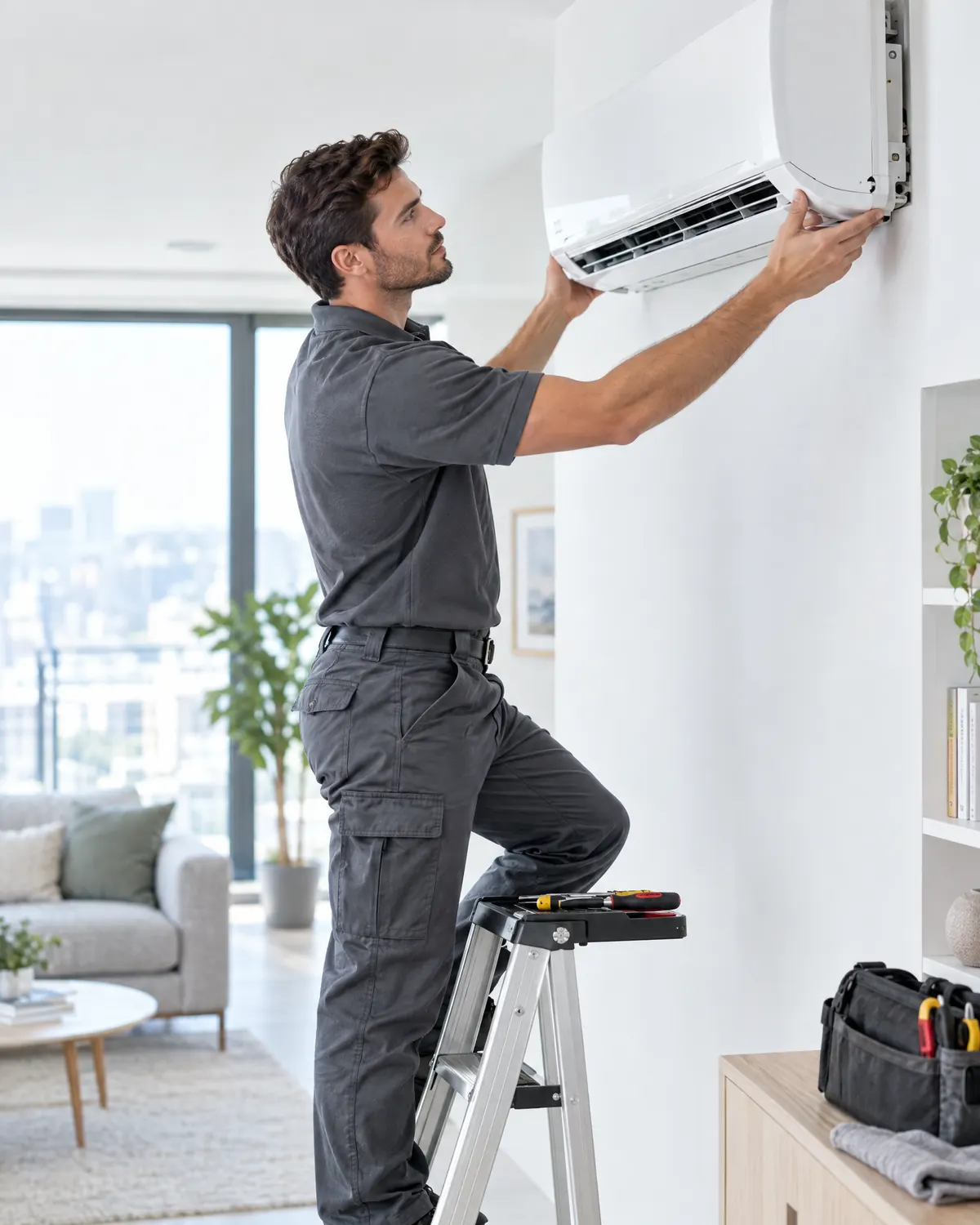 HVAC technician on a step ladder fitting a wall-mounted air conditioner in a bright modern apartment