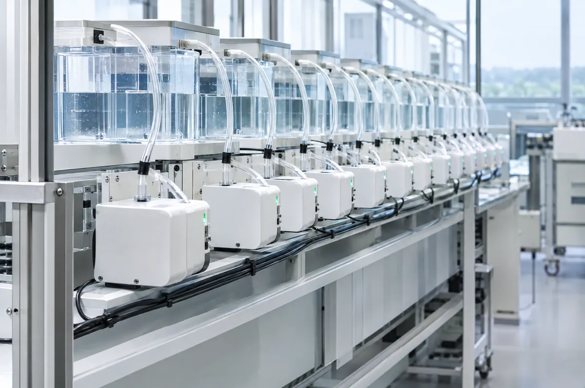 Endurance test bench with a row of condensate pumps connected to water reservoirs in a laboratory