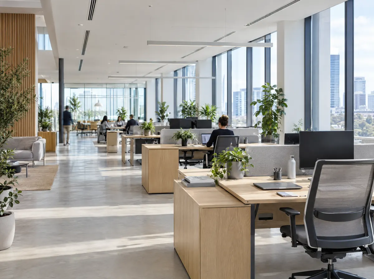 Bright open-plan office with discreet ceiling air-conditioning diffusers