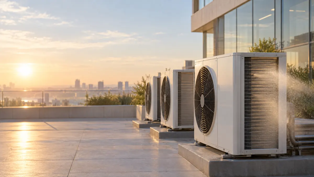 Row of outdoor air-conditioning units on a city rooftop terrace at sunset, with a fine mist drifting across the nearest condenser