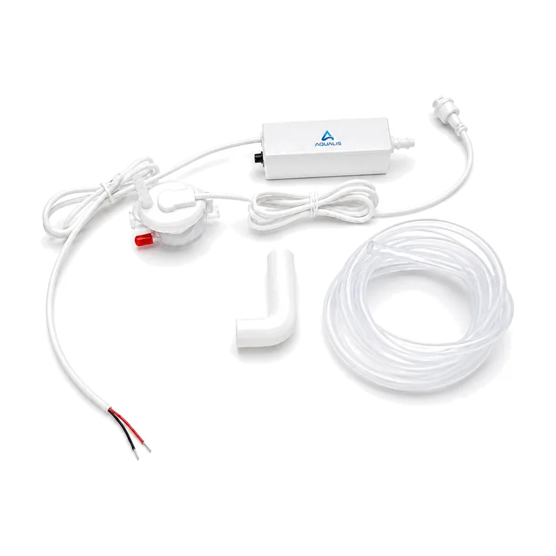 Aqualis AD-BU01 two-piece condensate pump: pump block, remote reservoir, elbow fitting and clear tubing