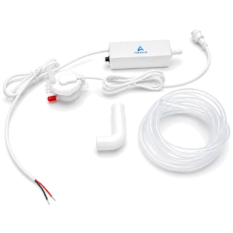 Aqualis AD-BU01 two-piece condensate pump: pump block, remote reservoir, elbow fitting and clear tubing