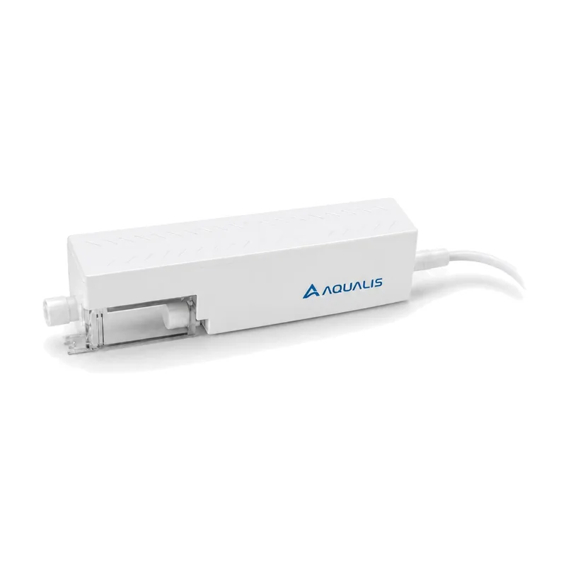 Aqualis AD-CY01 mini all-in-one condensate pump with its power cable, front three-quarter view