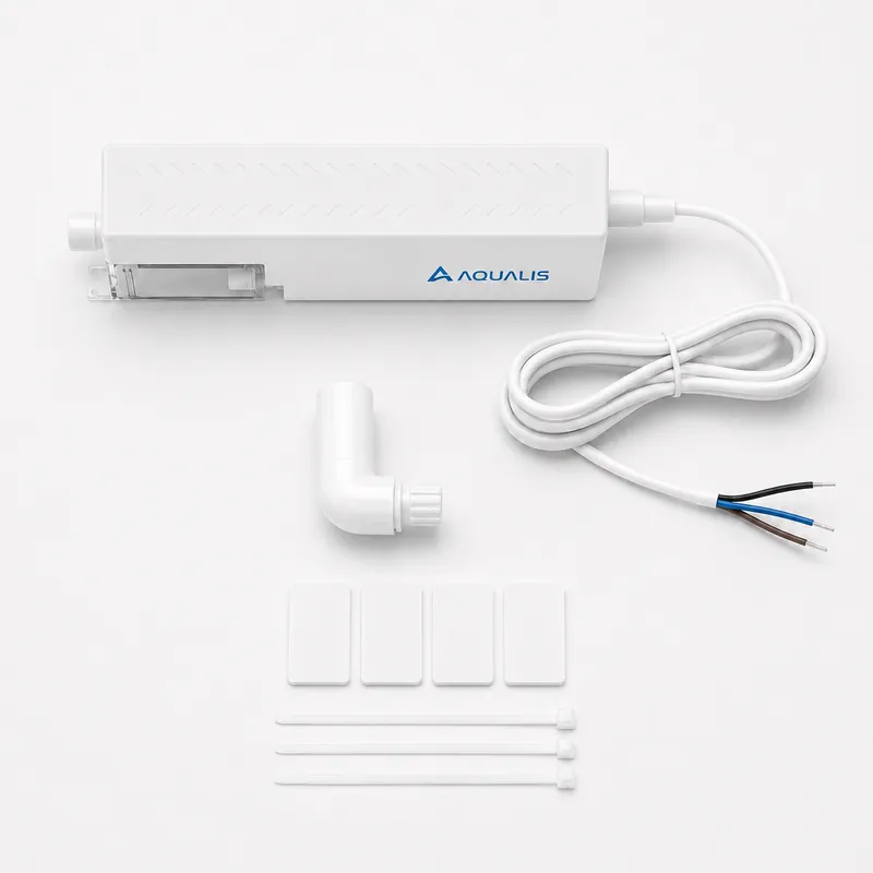 Aqualis AD-CY01 kit laid out from above: pump, elbow fitting, four adhesive pads and cable ties