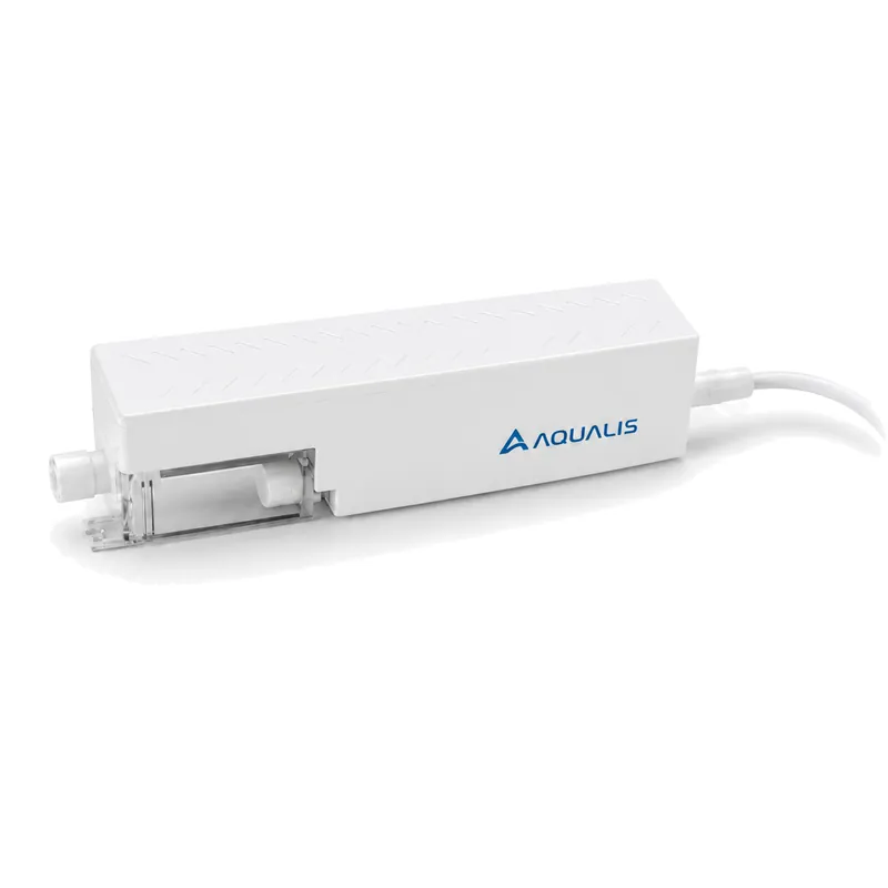 Aqualis AD-CY01 mini all-in-one condensate pump with its power cable, front three-quarter view