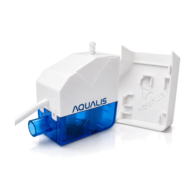 Aqualis AD-GE01 corner condensate pump with its blue translucent reservoir and 80 × 60 corner housing