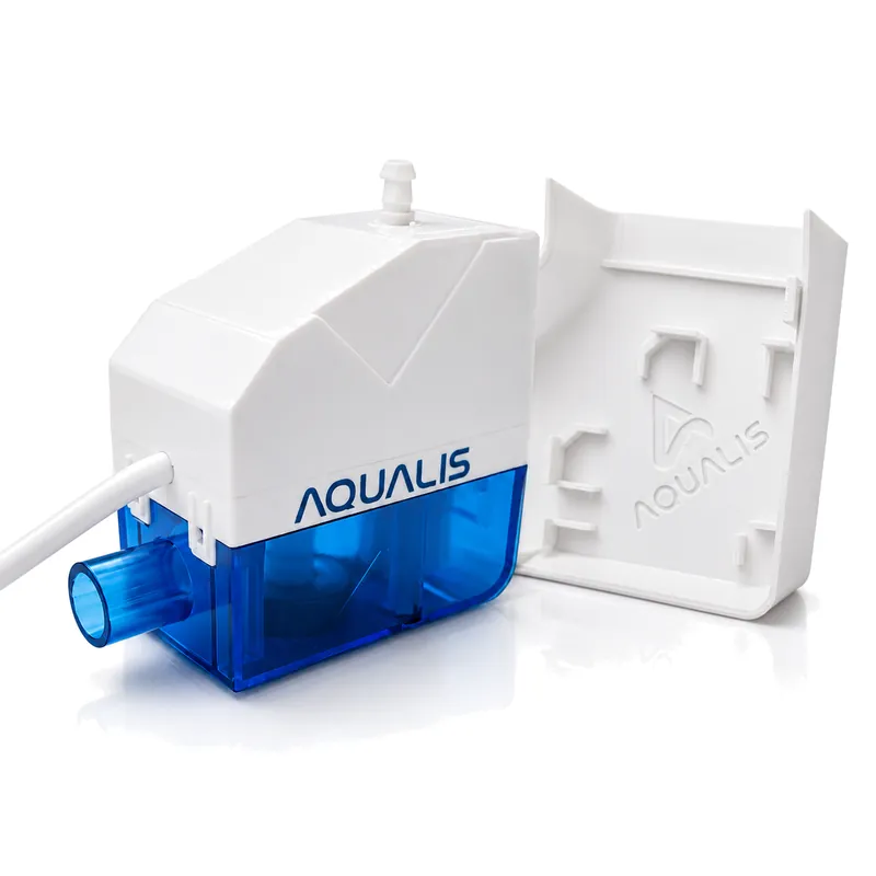 Aqualis AD-GE01 corner condensate pump with blue translucent reservoir next to its 80 × 60 corner housing