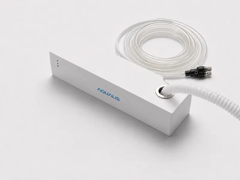 Aqualis AD-PS02 slim white housing with status LEDs, chrome inlet grommet and ribbed condensate hose