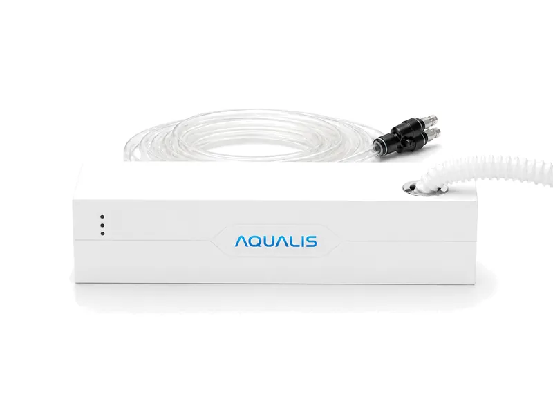 Aqualis AD-PS02 condensate misting pump with corrugated inlet hose and clear misting line